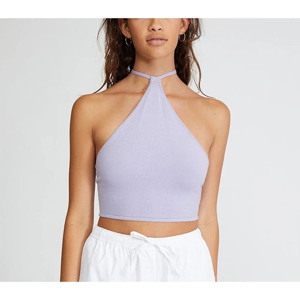 WEWOREWHAT Women's Knit Halter Cropped Open Back Top Size Large Purple High Neck